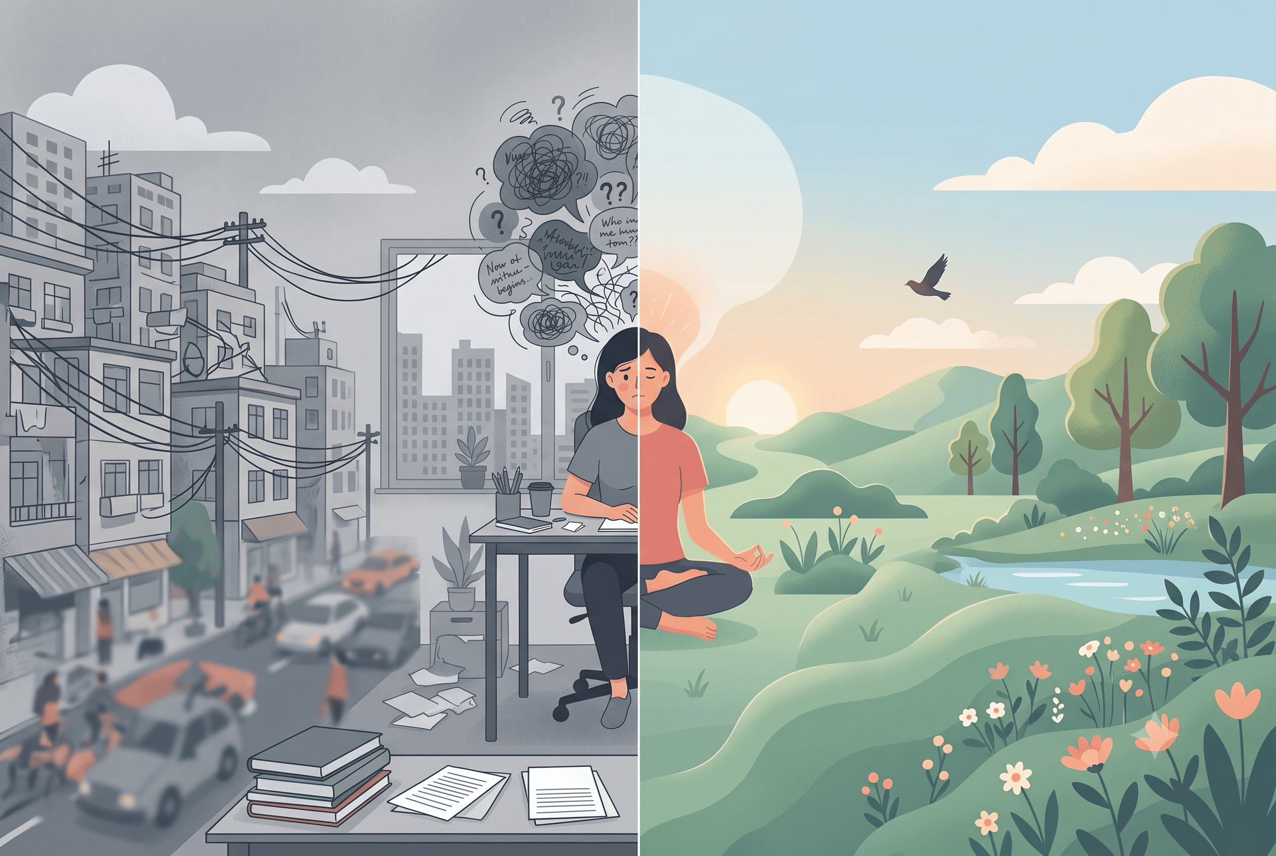 Ilustración de una mujer pasando del estrés en la ciudad a la calma en la naturaleza, representando los beneficios de vaciar la mente con meditación profunda.