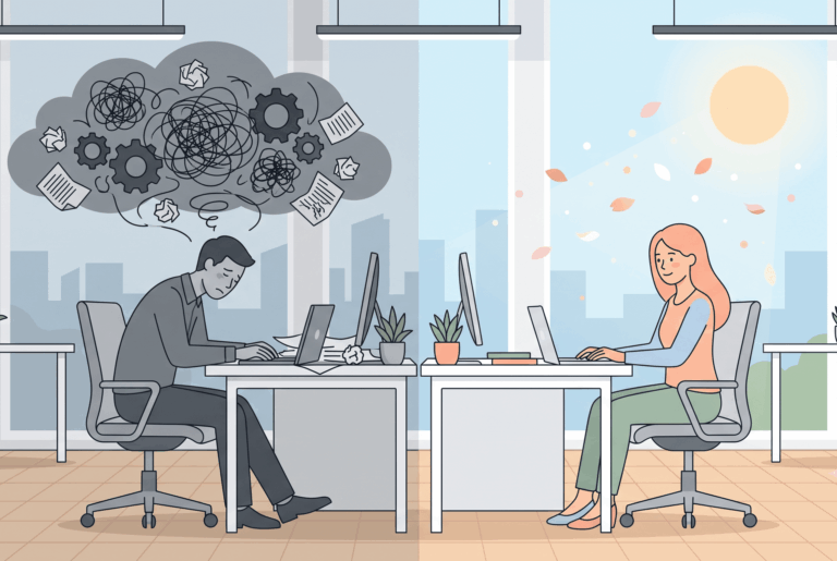 Ilustración de dos compañeros de trabajo en la misma oficina; uno sufre de agotamiento mental representado con colores grises y cargas, mientras el otro medita y refleja paz con colores cálidos.