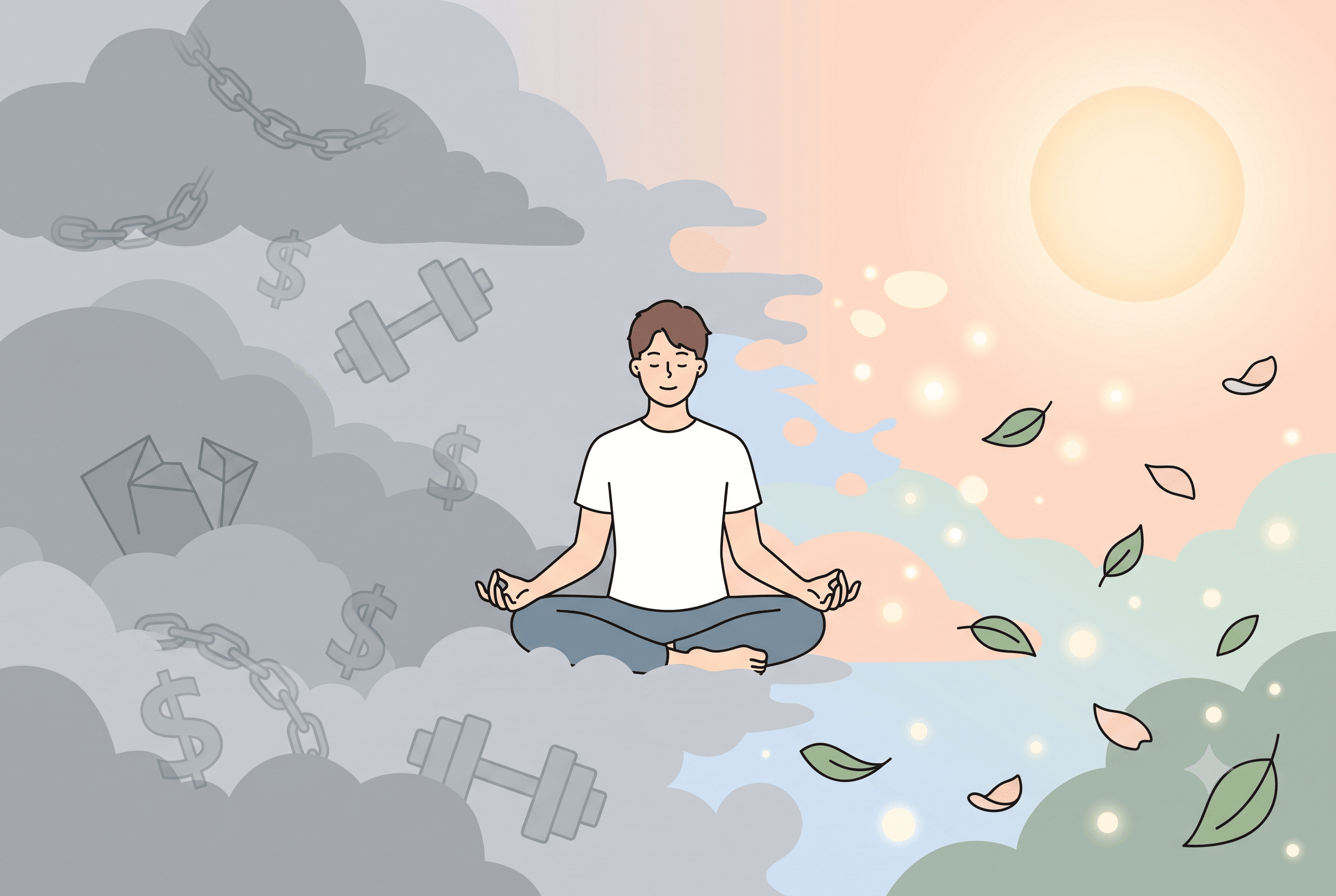 Ilustración de una persona meditando que suelta la carga de apegos y expectativas para transformarlas en luz y serenidad, representando cómo encontrar la paz mental.