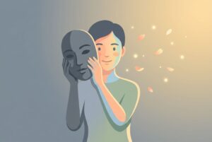 Ilustración de una persona quitándose una máscara oscura para revelar un rostro en paz, representando cómo encontrar la paz interior a través de la meditación en Lima.