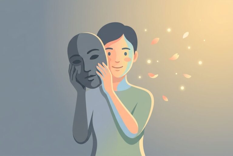 Ilustración de una persona quitándose una máscara oscura para revelar un rostro en paz, representando cómo encontrar la paz interior a través de la meditación en Lima.